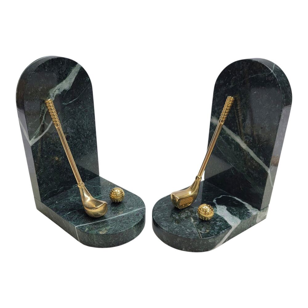 Vintage Green Marble Brass Golf Bookends Pair Heavy Executive Desk Decor Gift